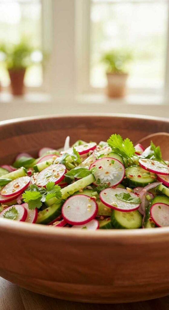A vibrant radish and cucumber salad with fresh herbs and dressing.