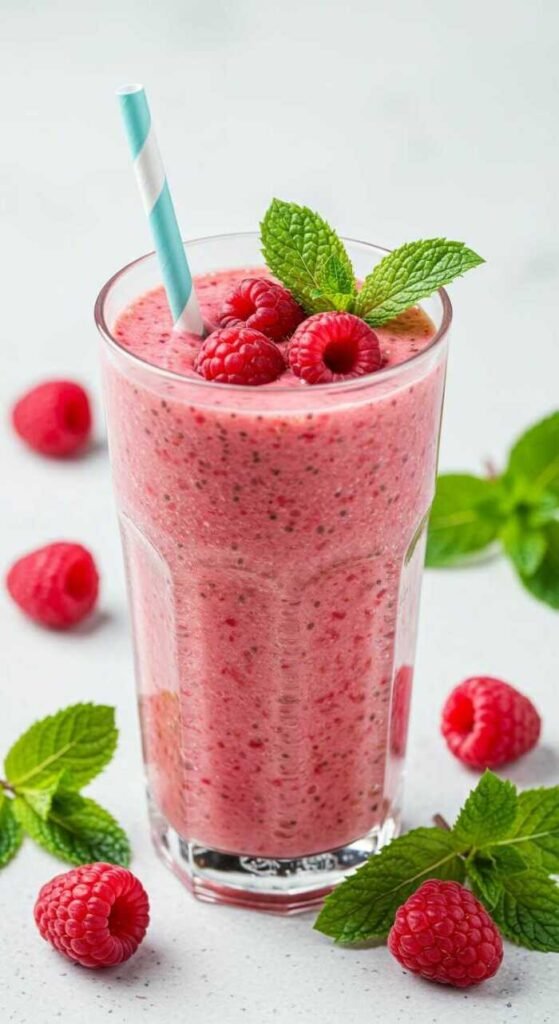 A refreshing raspberry chia smoothie in a tall glass with a straw, surrounded by fresh raspberries and mint leaves.