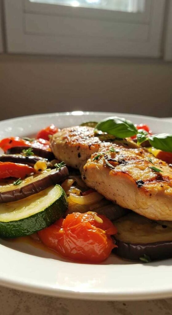 A plate of ratatouille with grilled chicken, featuring vibrant vegetables and herbs.