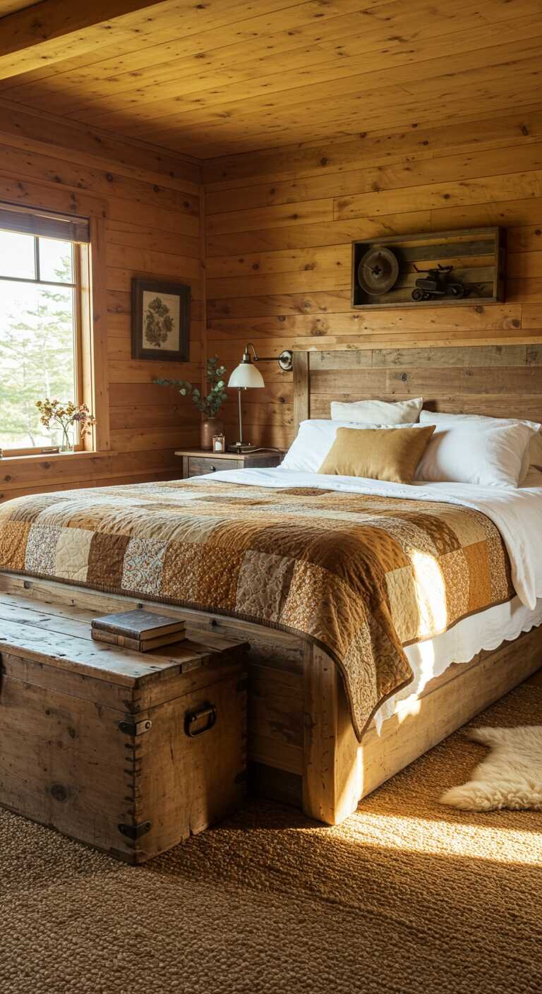 A rustic bedroom featuring a reclaimed wood bed frame with soft bedding and wooden walls.