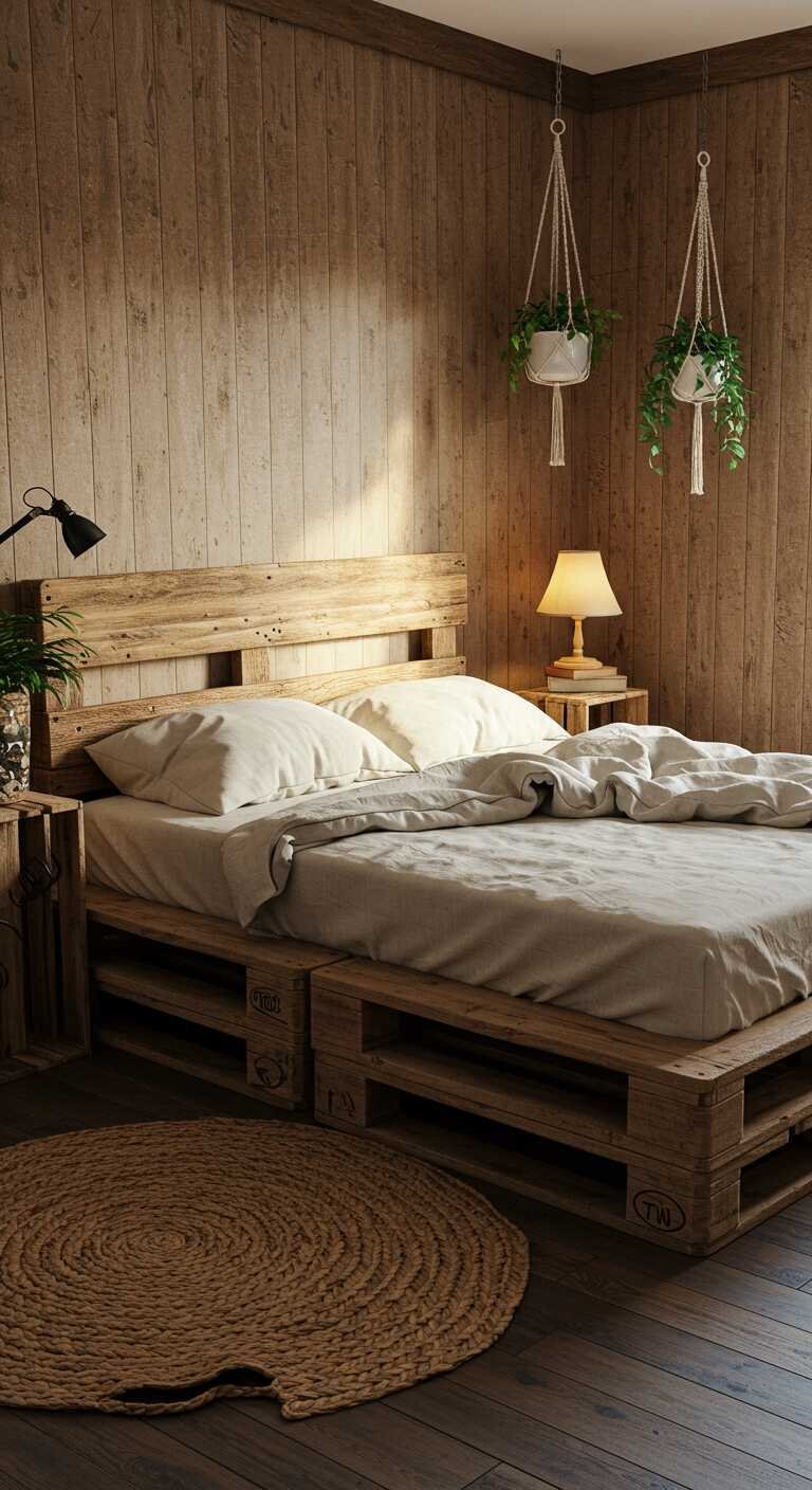 A rustic bedroom with a repurposed wooden pallet bed, wooden plank wall, and natural decor.