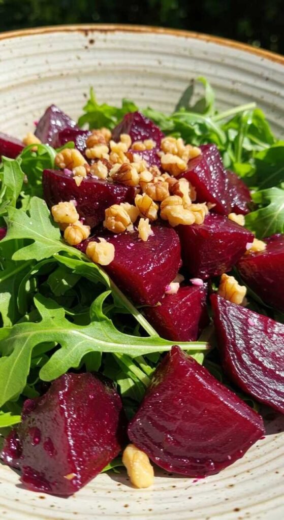 A colorful salad featuring roasted beets and fresh arugula.