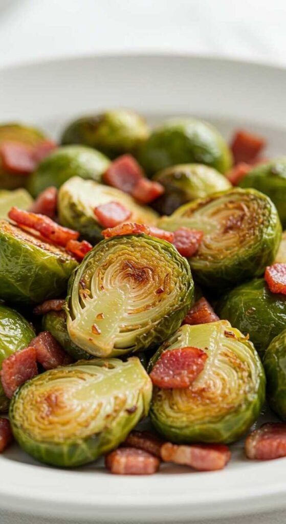 A dish of roasted Brussels sprouts and bacon