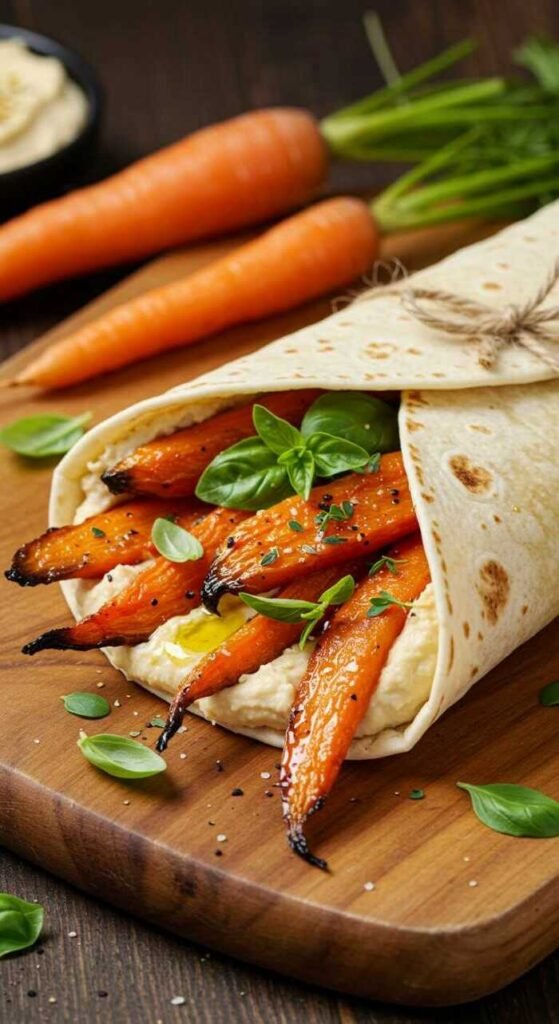 Roasted carrot and hummus wraps garnished with fresh herbs