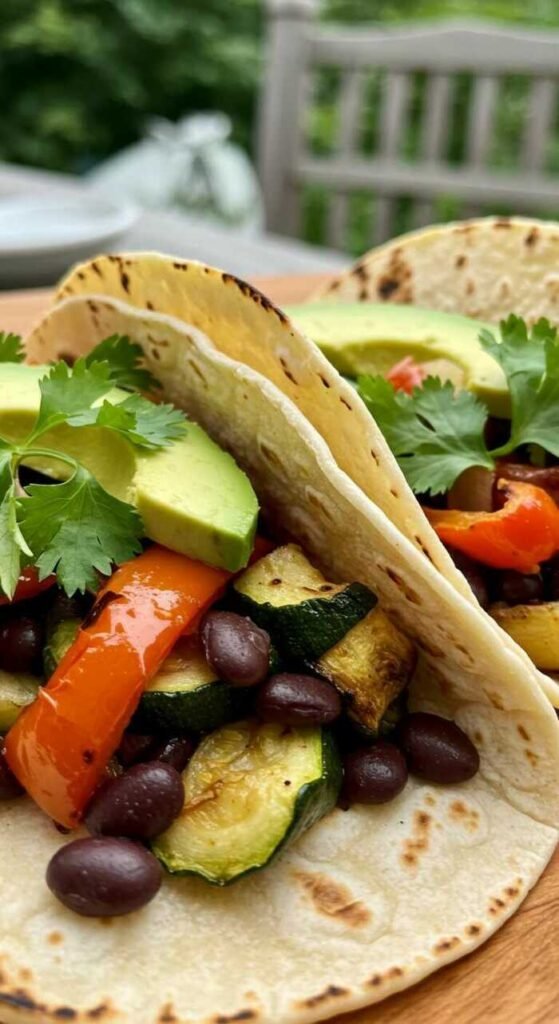 Delicious roasted vegetable tacos with avocado and fresh cilantro