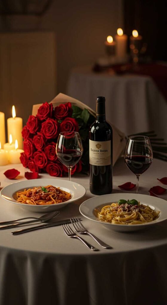 A romantic candlelit pasta dinner setting with red roses and candles.