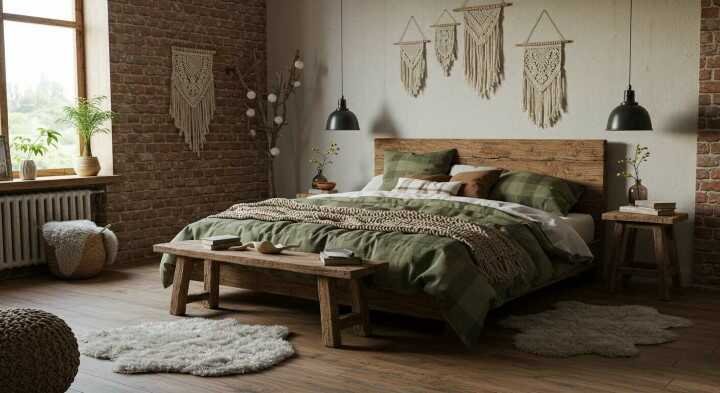 Cozy bedroom with rustic charm; features a wooden bed with green bedding, macramé wall hangings, and warm lighting, conveying a serene, earthy ambiance.