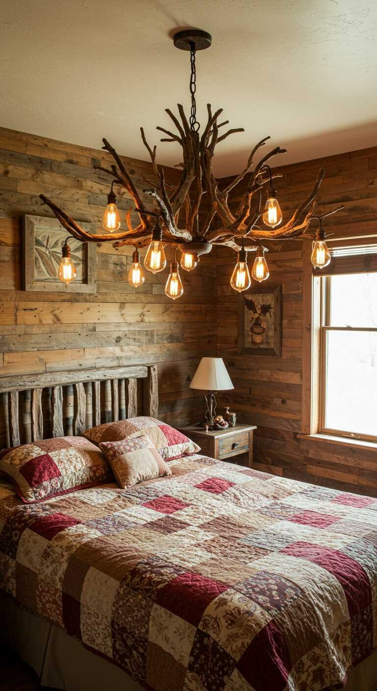 A rustic chandelier resembling branches hanging above a cozy bed in a rustic bedroom.