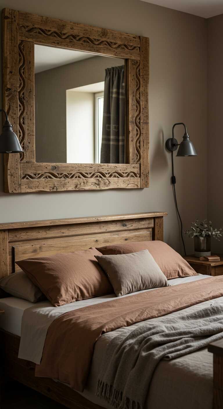 A rustic wooden mirror with a frame above a bed, showcasing a cozy bedroom setup.