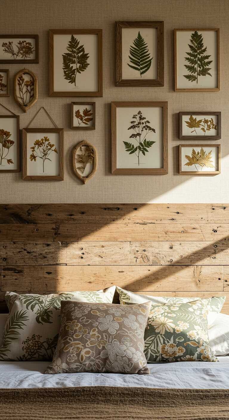 A rustic bedroom with a wood headboard, decorative pillows, and a wall art display featuring botanical prints and natural textures.