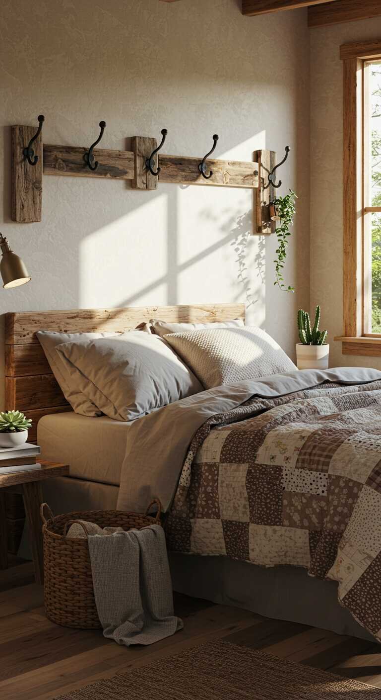 A rustic bedroom with wooden wall hooks, a cozy bed, and natural elements enhancing the decor.