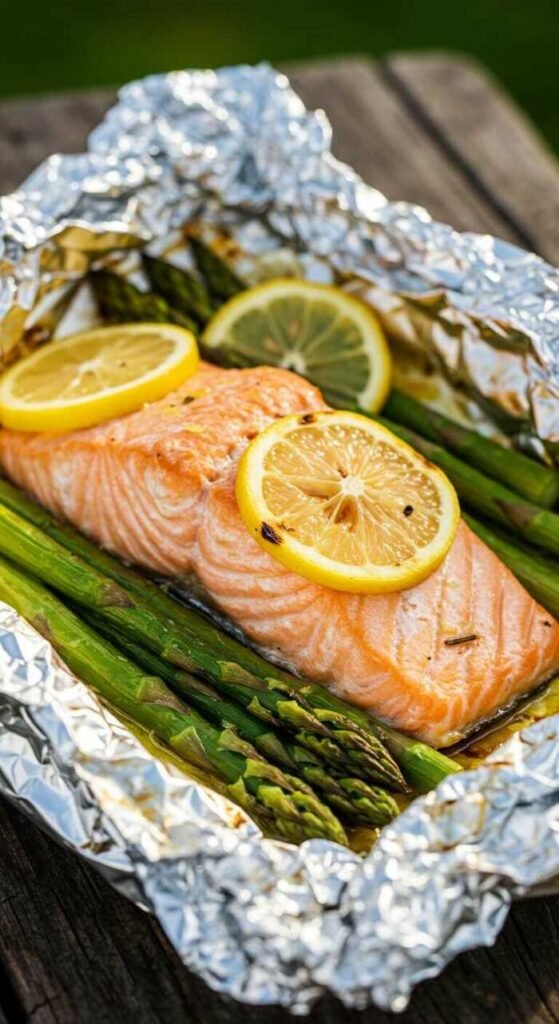 Salmon and asparagus cooked in foil packets with lemon slices