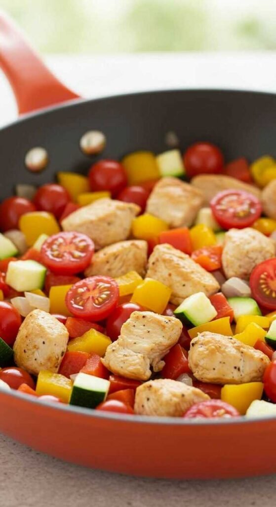 A colorful skillet with chicken and various vegetables