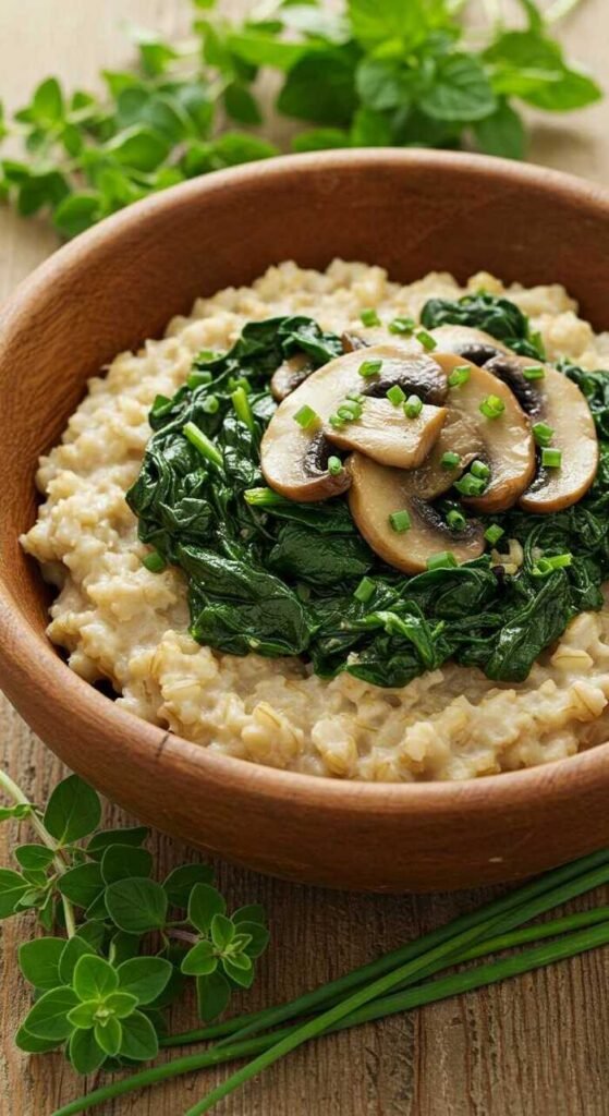 A bowl of savory oatmeal topped with spinach and mushrooms, surrounded by fresh herbs.