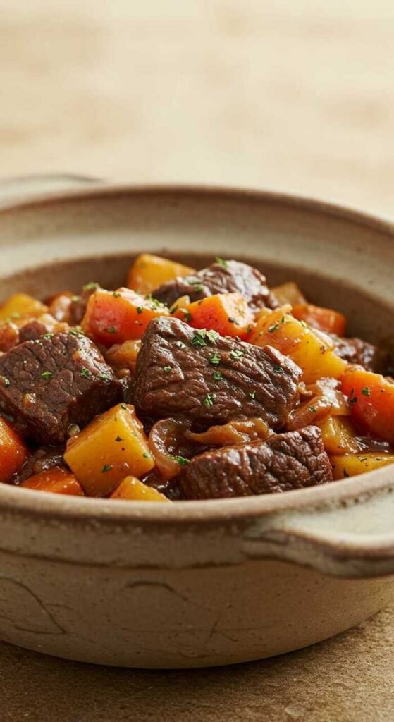 A bowl of savory slow-cooked beef stew with chunks of beef and vegetables.