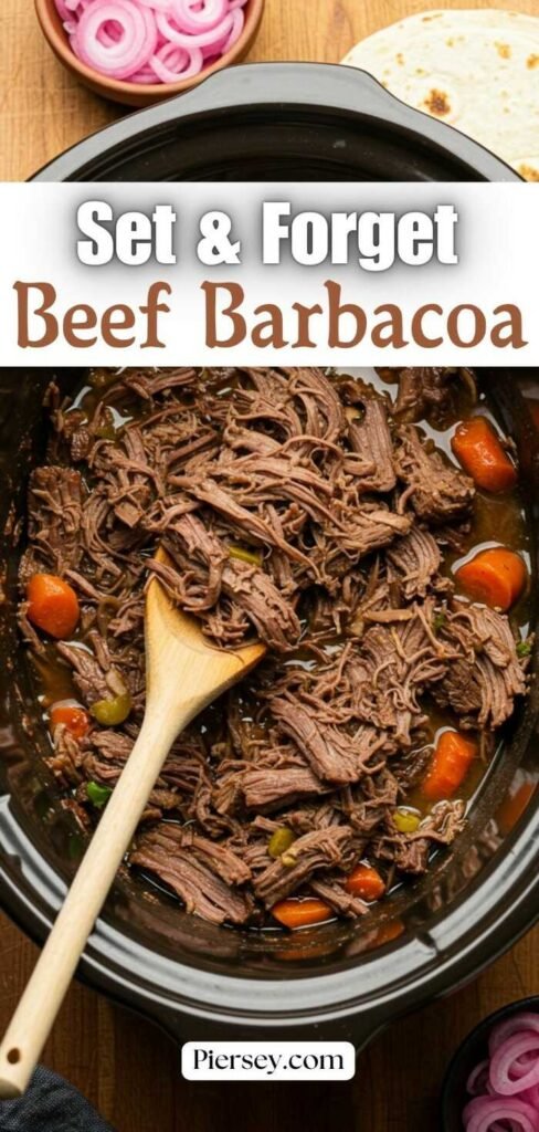 Shredded beef barbacoa in a slow cooker with carrots, a wooden spoon resting inside. A bowl of pickled onions and a tortilla are seen in the background.