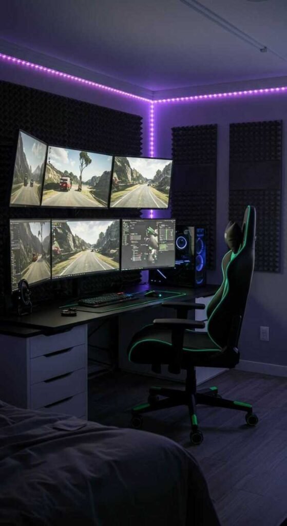 A stylish gaming bedroom with multiple monitors, a gaming chair, and cozy lighting.