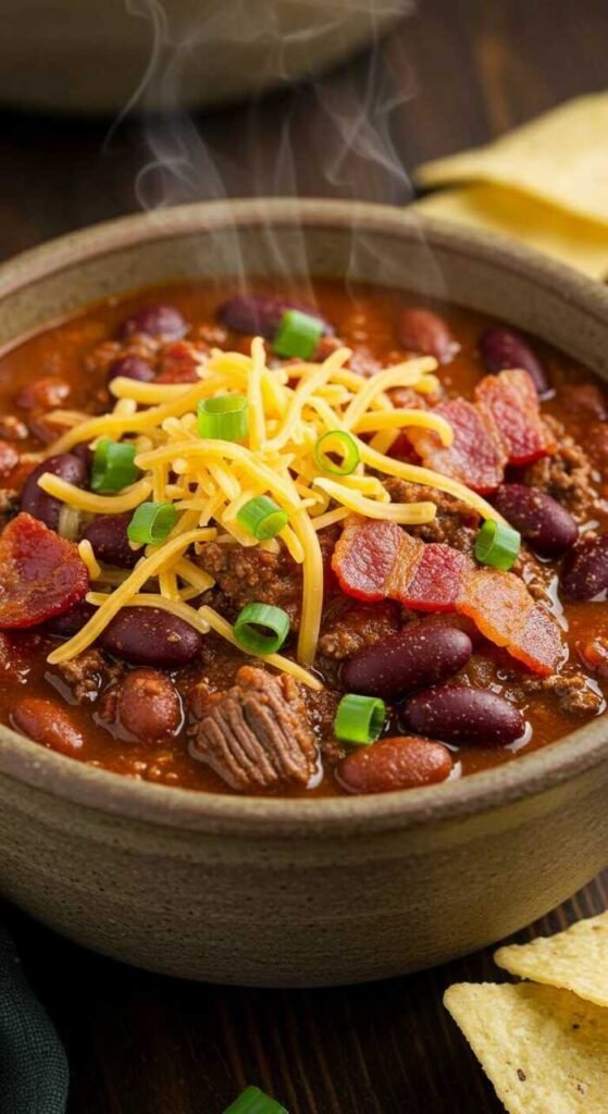 A bowl of hearty beef and bacon chili with beans