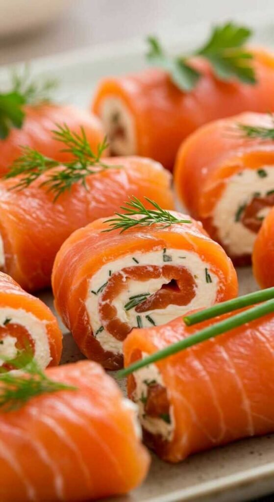 Delicious smoked salmon and cream cheese roll-ups garnished with herbs