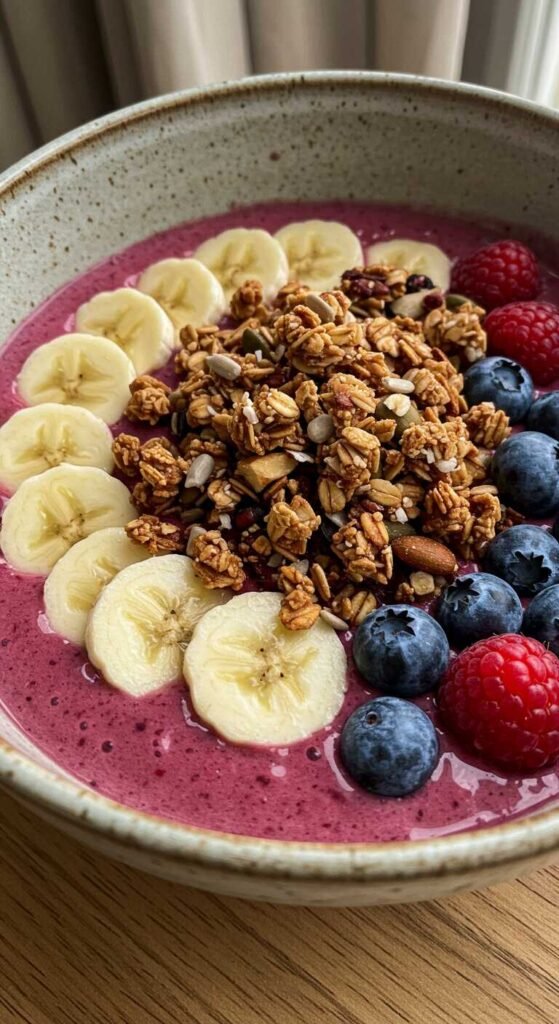 Vegan smoothie bowl topped with granola, fruit slices, and berries.