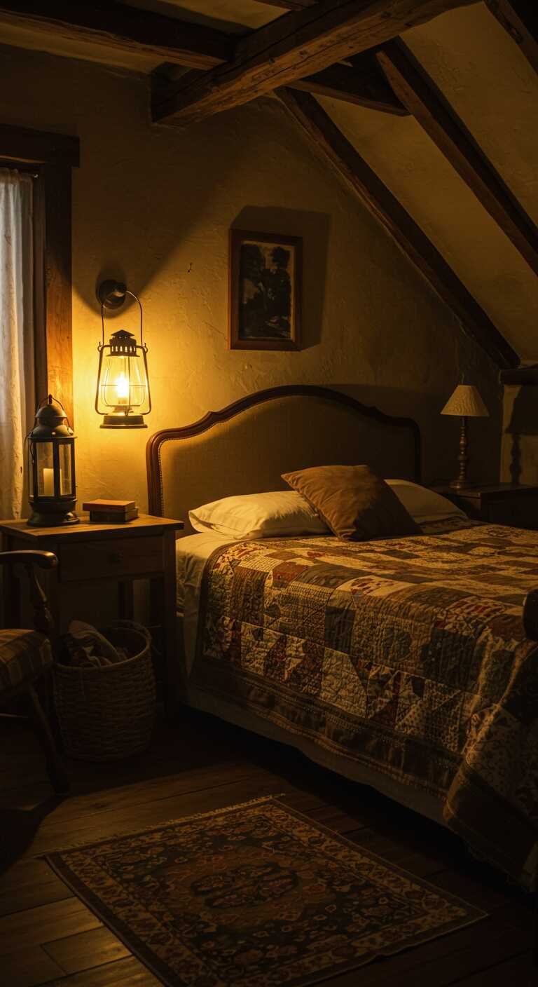 Cozy rustic bedroom with soft lighting from a lantern and lamp