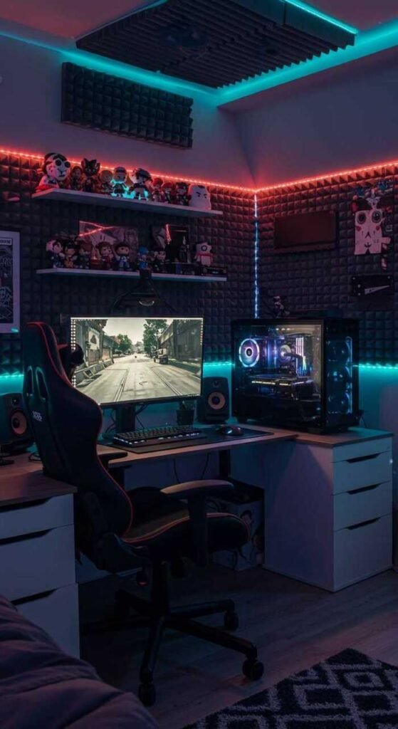 A cozy gamer bedroom with soundproof panels, soft curtains.