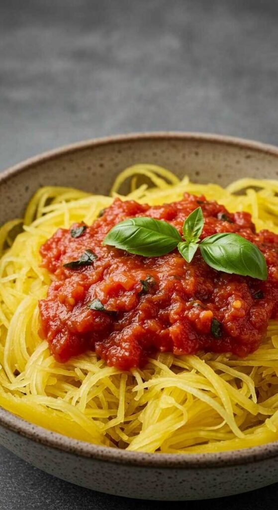 A bowl of spaghetti squash topped with marinara sauce and a basil leaf