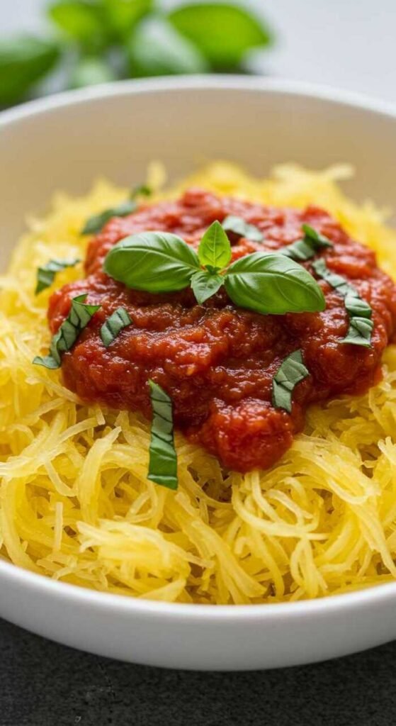 A bowl of spaghetti squash topped with marinara sauce and fresh basil.