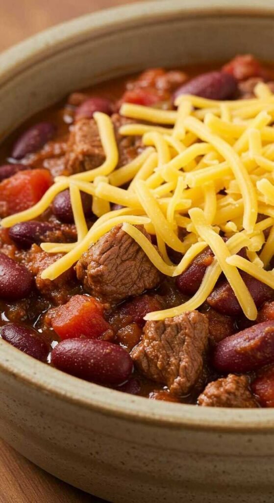 A bowl of spicy beef chili with beans topped with shredded cheese.