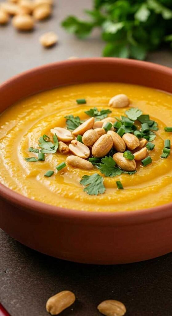 A bowl of creamy sweet potato soup garnished with peanuts and herbs.