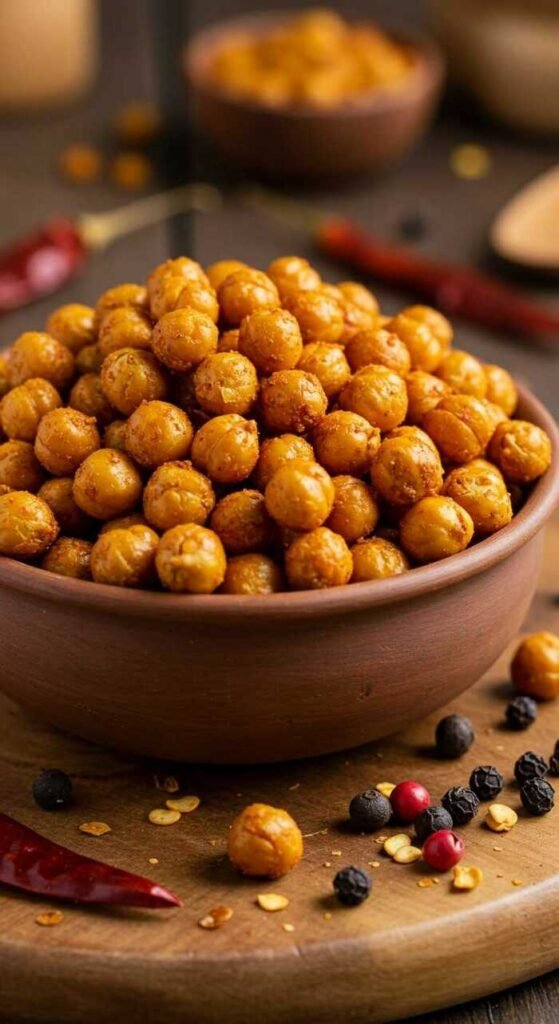 A rustic bowl filled with seasoned roasted chickpeas sits on a wooden board, surrounded by scattered peppercorns and dried chili peppers, conveying a warm, spicy feel.