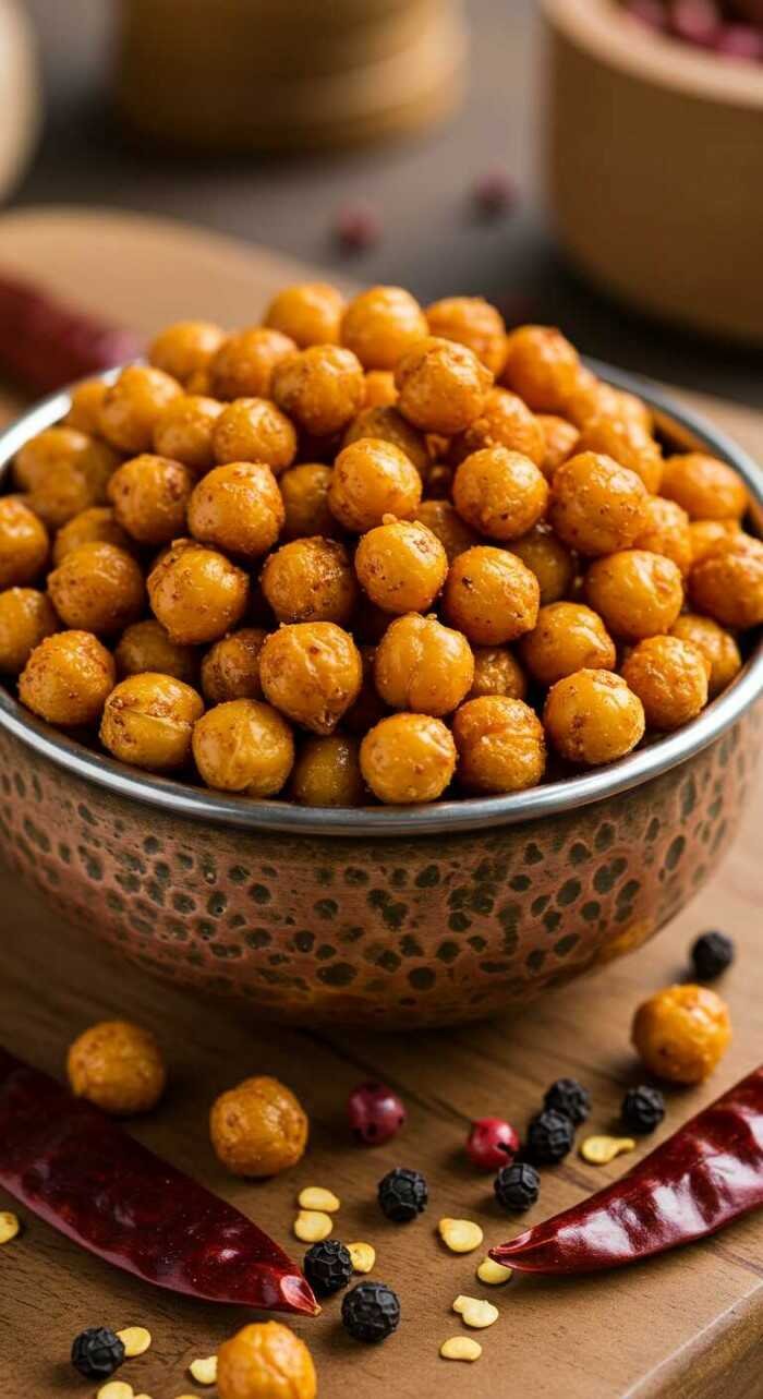 A textured bowl filled with seasoned, roasted chickpeas. Dried chili peppers, black peppercorns, and chili flakes scattered on the wooden surface. Spicy and savory theme.