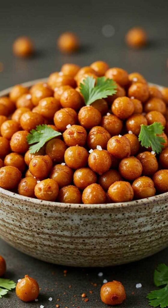 A bowl of roasted chickpeas garnished with cilantro and sea salt. The chickpeas are golden brown, creating a warm, savory, and appetizing appearance.