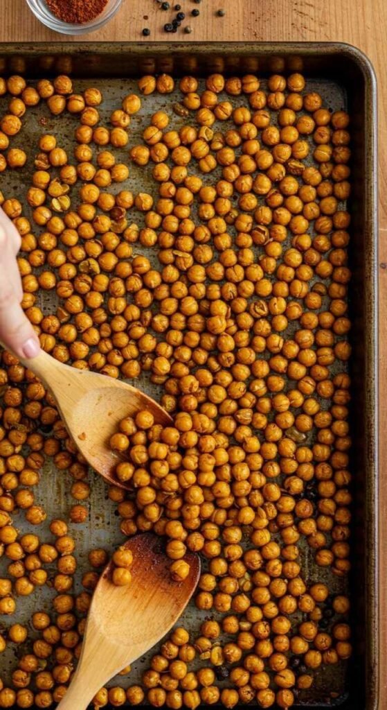 A baking tray filled with golden roasted chickpeas. A hand uses a wooden spoon to stir them. Spices are visible in the background on a wooden surface.