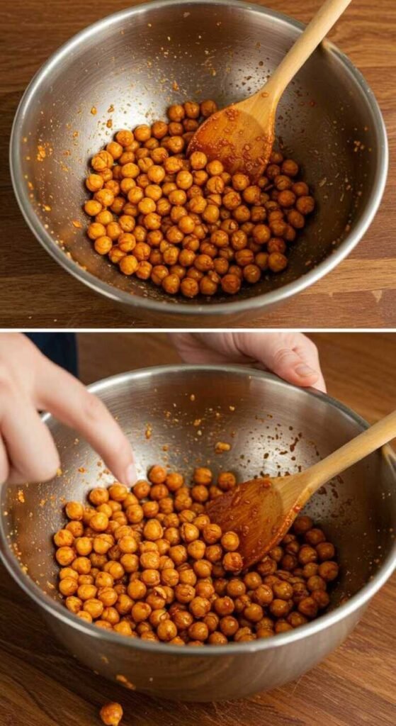 A metal bowl filled with seasoned, chickpeas on a wooden surface. A wooden spoon and a person's hand point to the chickpeas, conveying a homemade, tasty snack.