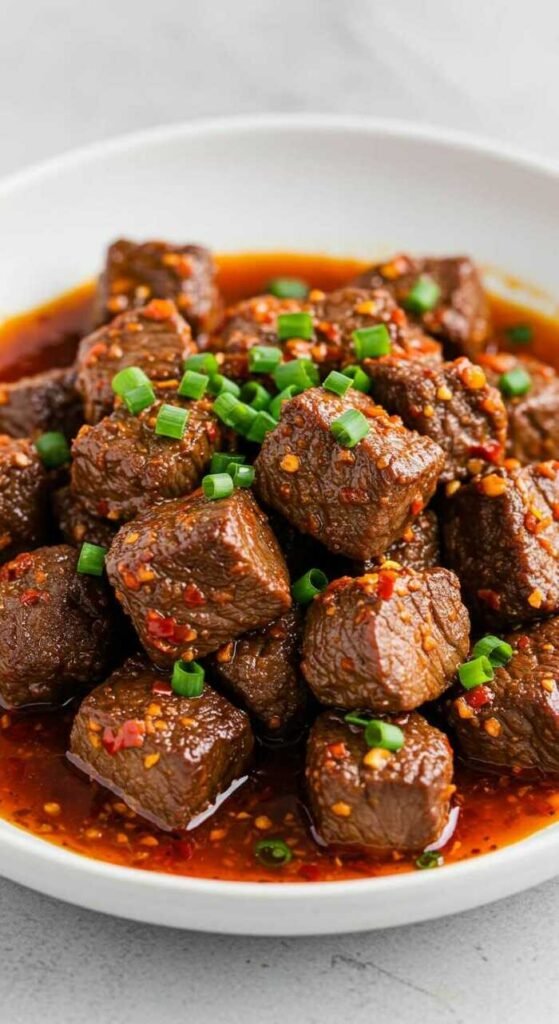 A close-up view of tender beef cubes in a spicy sauce, garnished with green onions.
