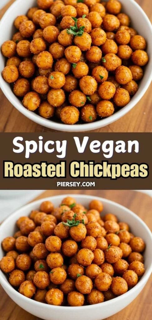 A white bowl filled with spicy, roasted chickpeas garnished with herbs on a wooden surface. Text overlay reads "Spicy Vegan Roasted Chickpeas."