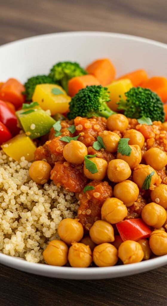 A colorful bowl of chickpeas, quinoa, and fresh vegetables.