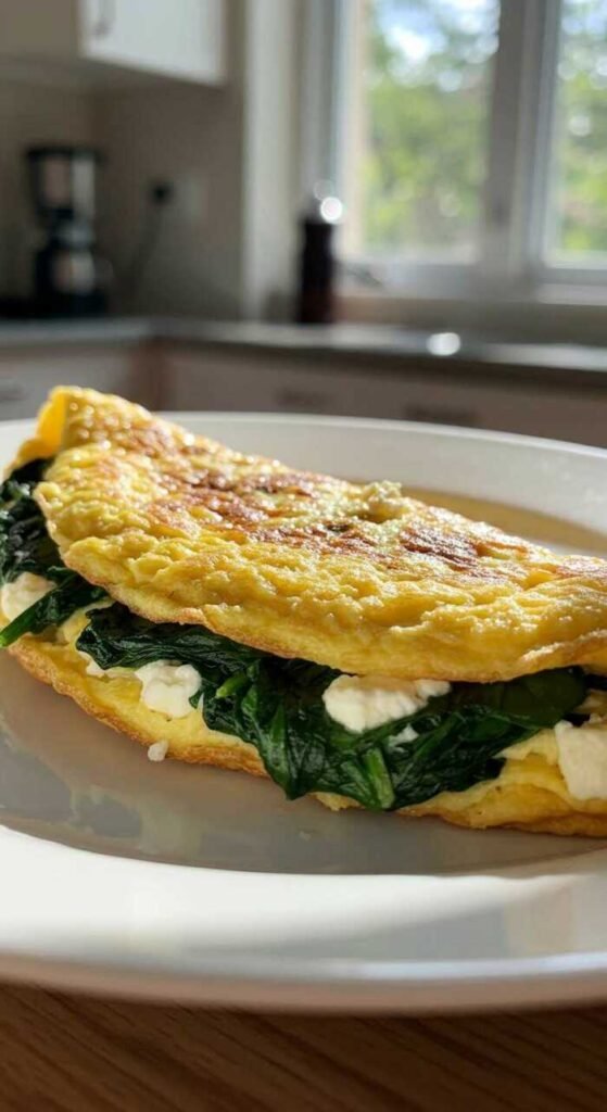 A delicious spinach and feta omelette on a plate