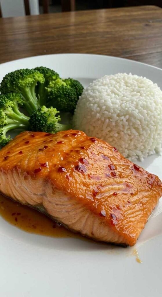 Sriracha honey glazed salmon served with rice and broccoli
