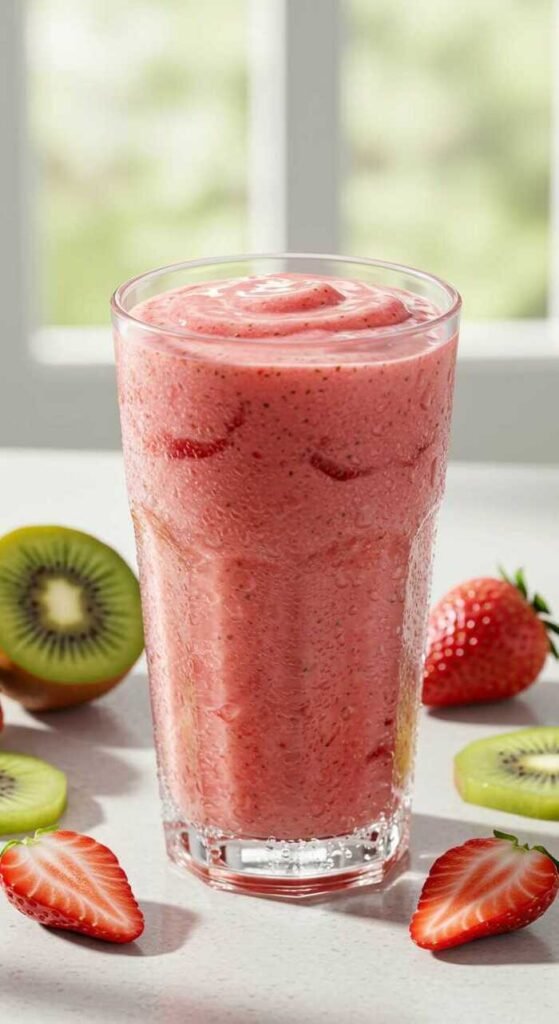 A tall glass filled with a vibrant pink smoothie sits on a table, surrounded by sliced strawberries and kiwi fruit. The setting is bright with natural light.