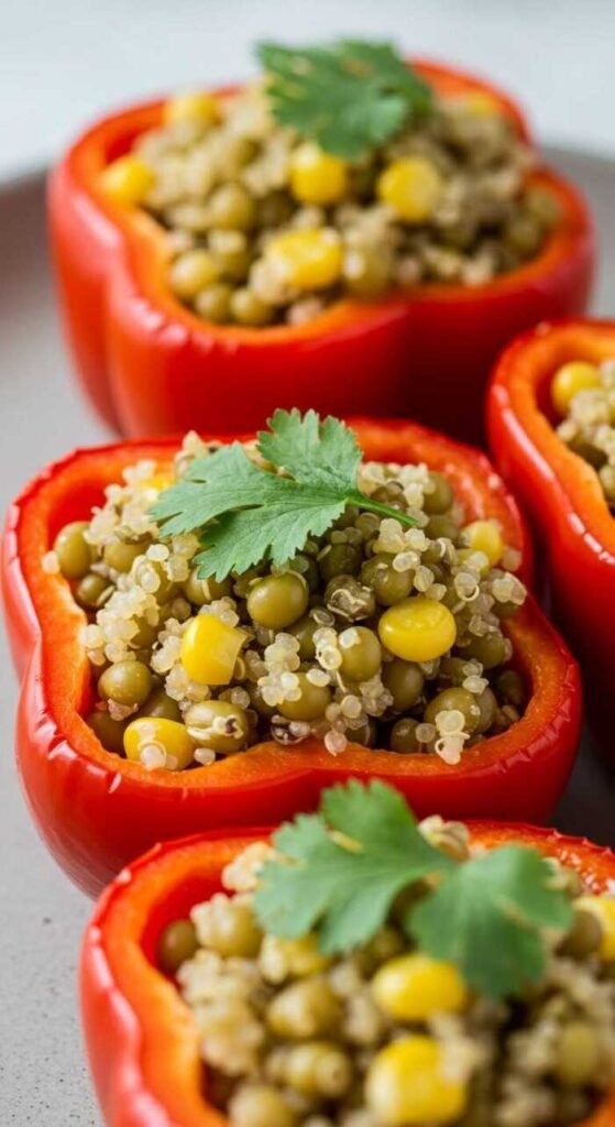 Stuffed bell peppers filled with quinoa, mung beans, and corn garnished with cilantro.