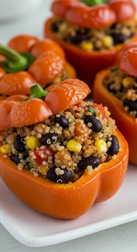 Stuffed bell peppers filled with quinoa, black beans, corn, and spices on a white plate.
