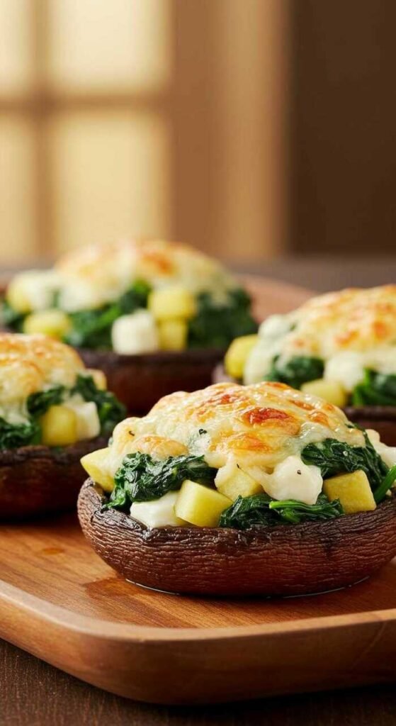 Stuffed Portobello mushrooms topped with spinach, cheese, and diced apples.