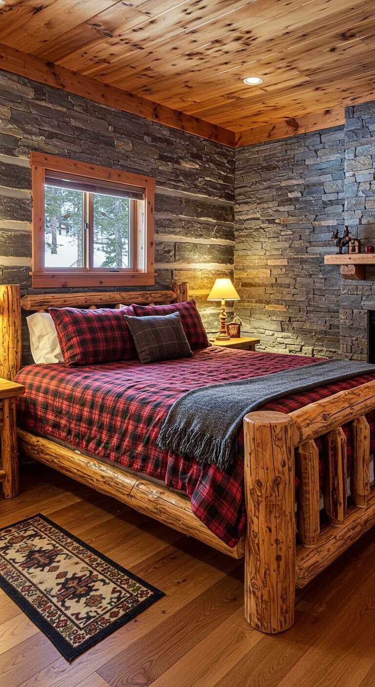 A rustic log cabin bedroom featuring a wooden bed, plaid bedding, and stone accents.