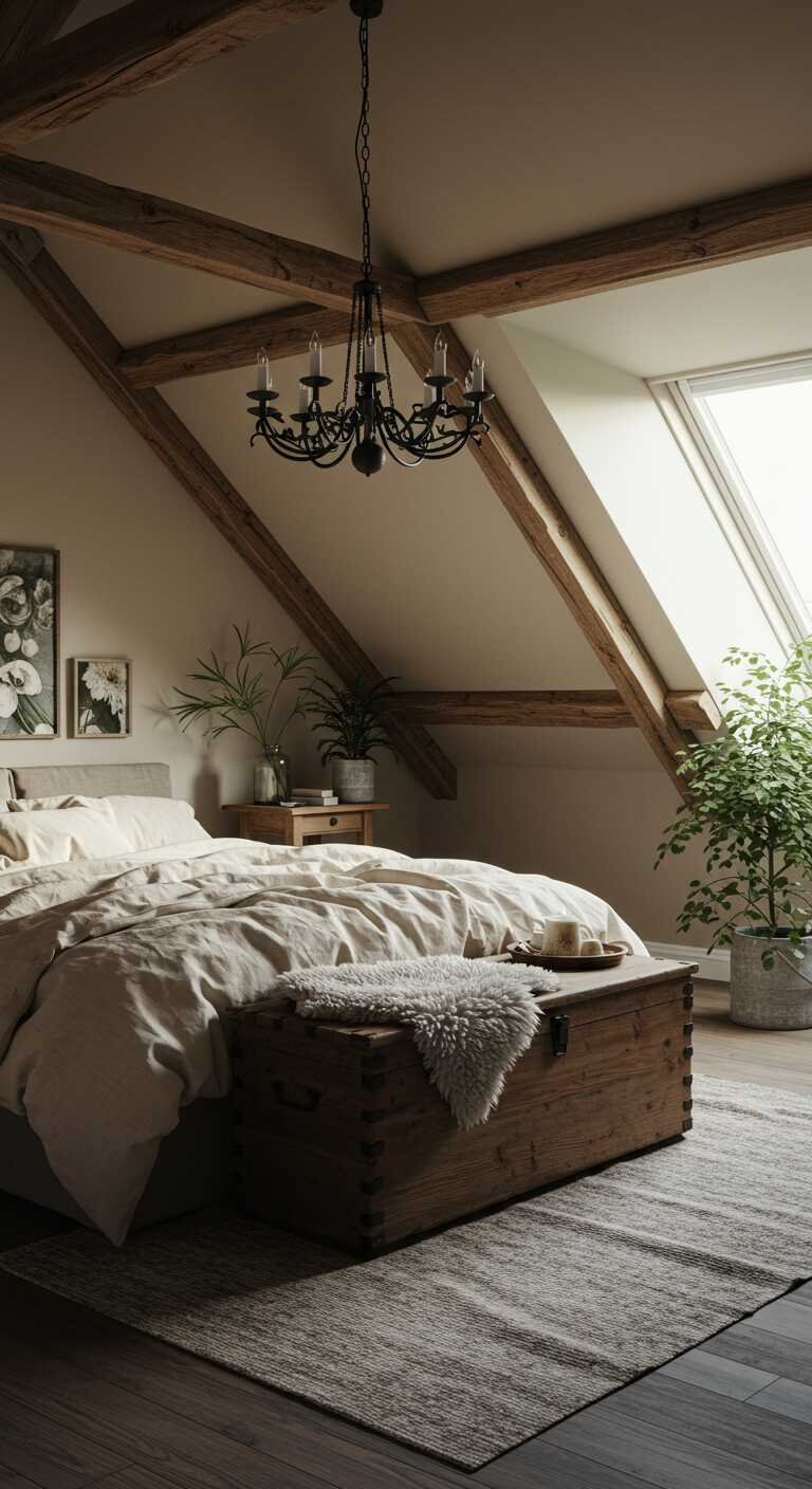 A cozy rustic bedroom with wooden beams, soft bedding, and plants.