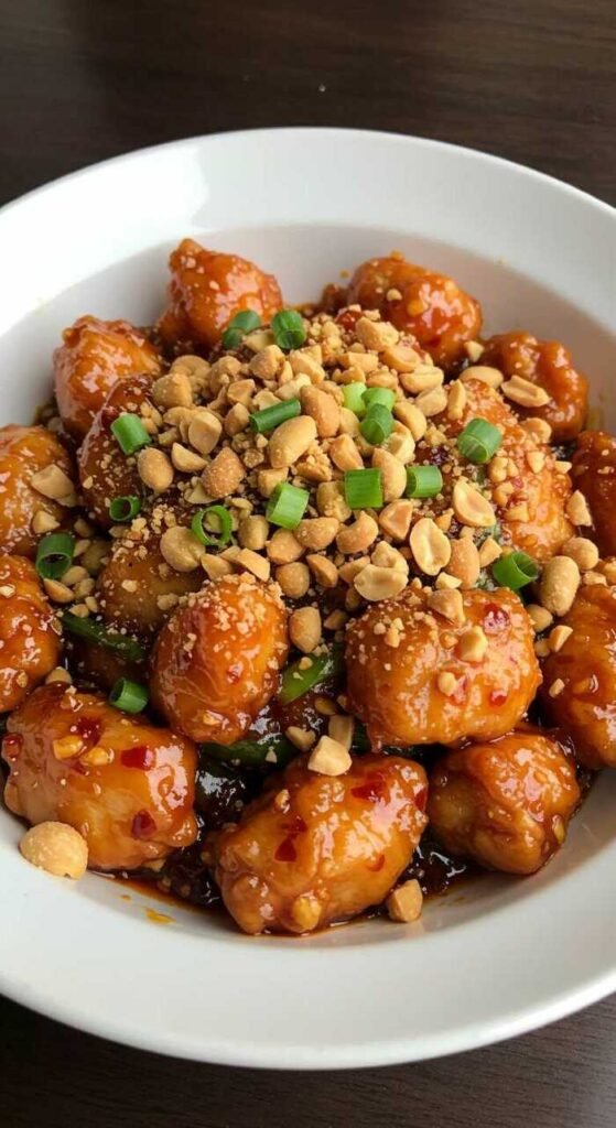 A bowl of Szechuan Chicken with Peanuts garnished with green onions.