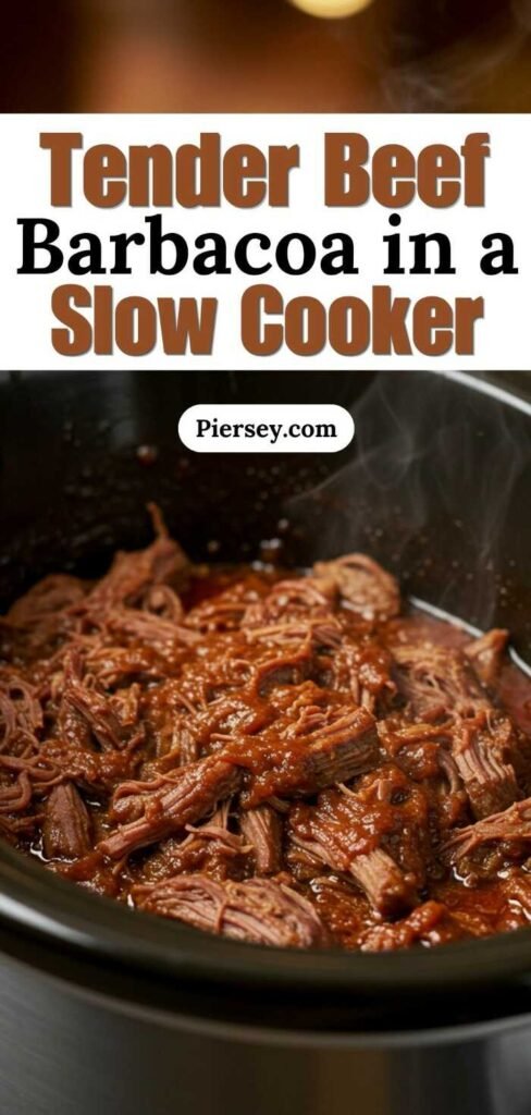 Close-up of tender beef barbacoa in a slow cooker, with steam rising. Top text reads 'Tender Beef Barbacoa in a Slow Cooker' in bold letters.