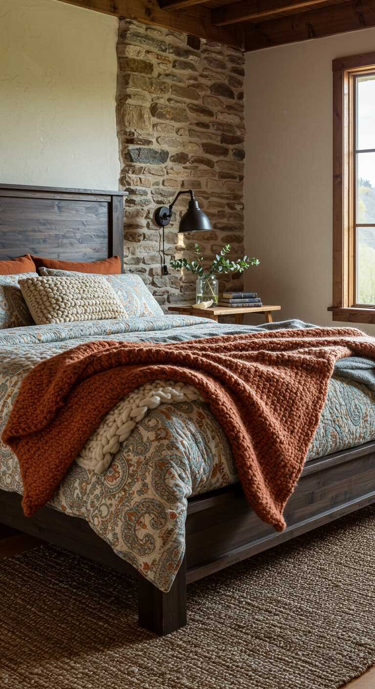 A cozy rustic bedroom with layered blankets and textured fabrics.