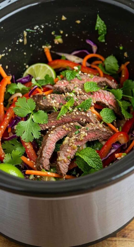A vibrant Thai beef salad with fresh vegetables and lime dressing in a slow cooker.